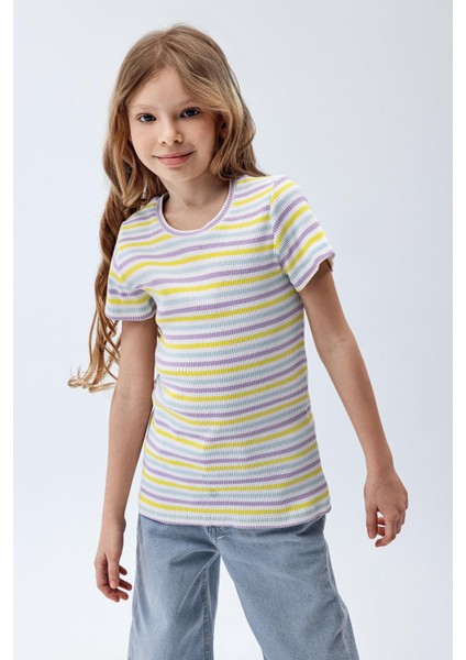 Kız Çocuk Çizgili Fitilli Kısa Kollu T-Shirt Çizgili Renk