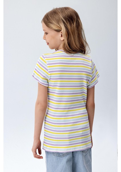 Kız Çocuk Çizgili Fitilli Kısa Kollu T-Shirt Çizgili Renk fiyatları