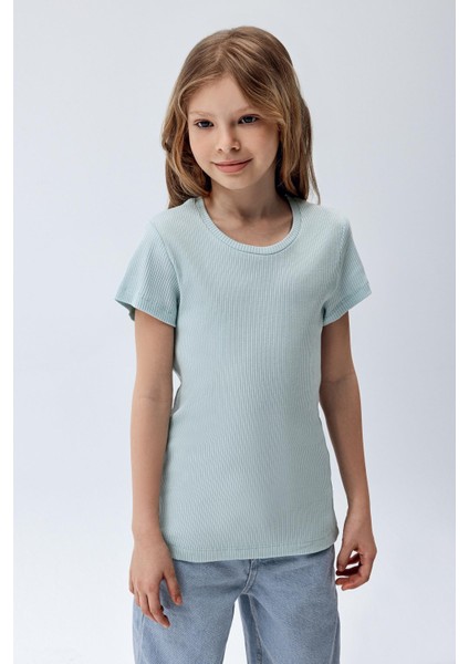 Kız Çocuk Fitilli Kısa Kollu T-Shirt Mavi Renk