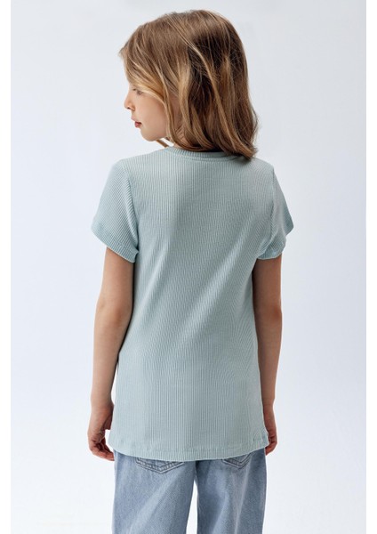 Kız Çocuk Fitilli Kısa Kollu T-Shirt Mavi Renk fiyatları