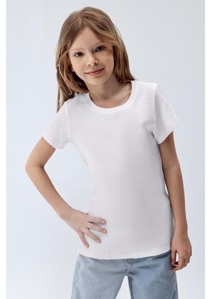 Kız Çocuk Fitilli Kısa Kollu T-Shirt Beyaz Renk