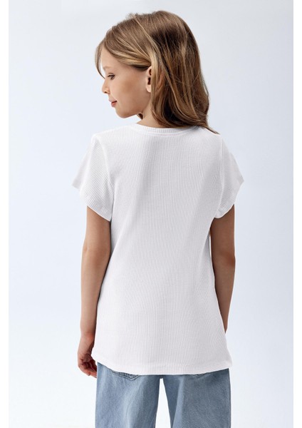 Kız Çocuk Fitilli Kısa Kollu T-Shirt Beyaz Renk fiyatları