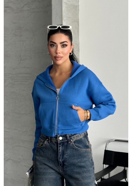 Kadın Mavi Renk Kapüşonlu Şardonlu Crop Sweatshirt Hırka
