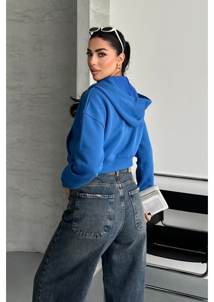 Kadın Mavi Renk Kapüşonlu Şardonlu Crop Sweatshirt Hırka fiyatları