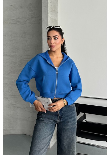 Kadın Mavi Renk Kapüşonlu Şardonlu Crop Sweatshirt Hırka modelleri