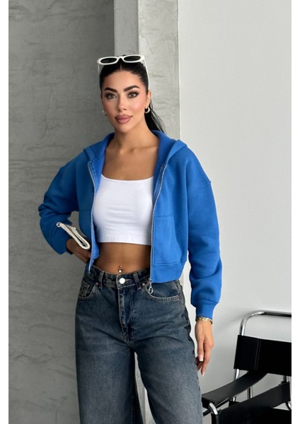 Kadın Mavi Renk Kapüşonlu Şardonlu Crop Sweatshirt Hırka indirimleri
