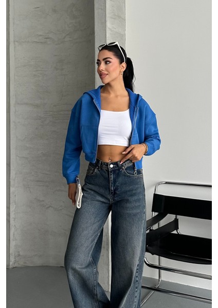 Kadın Mavi Renk Kapüşonlu Şardonlu Crop Sweatshirt Hırka