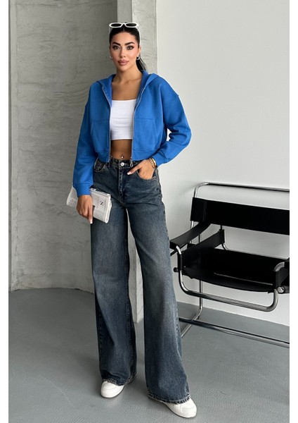 Kadın Mavi Renk Kapüşonlu Şardonlu Crop Sweatshirt Hırka
