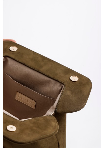 Kadın Haki Yeşil Deri Detaylı Süet Clutch El Çantası