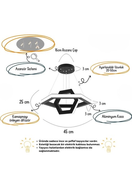 Cıclo ( Siyah Kasa, Beyaz Işık ) Ledli Modern Sarkıt LED Avize, Salon, Mutfak, Oturma Odası modelleri