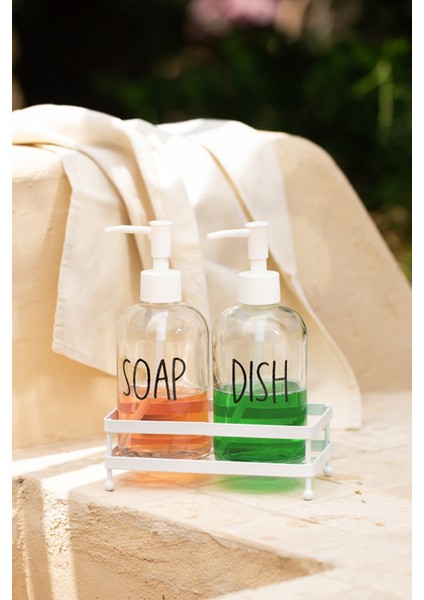 Basic Beyaz Metal Kare Stantlı 2'li Sıvı Sabunluk Seti 420 cc