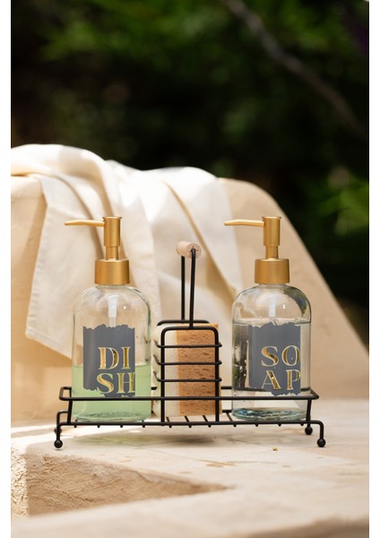 Alaska Siyah Metal Ahşap Kulplu Stand 2'li Sıvı Sabunluk Seti 420 cc