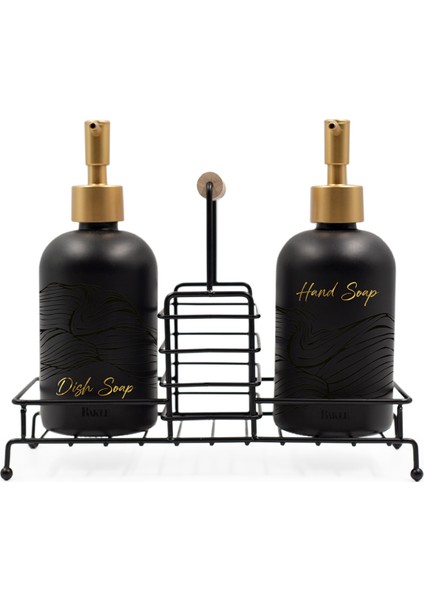 Bright Siyah Metal Ahşap Kulplu Stand 2'li Sıvı Sabunluk Seti Siyah 420 cc