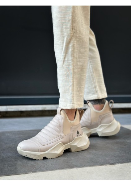 BA0401 Bağcıksız Rahat Yüksek Taban Krem Erkek Spor Yarım Bilek Bot
