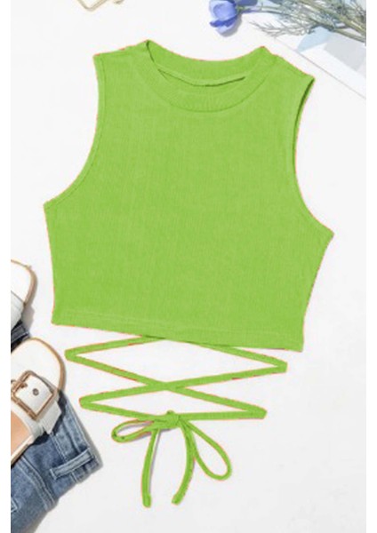 Kız Çocuk Sıfır Kol Ip Bağlama Detaylı Somon Yeşil Crop