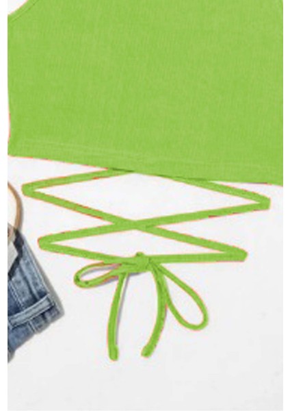 Kız Çocuk Sıfır Kol Ip Bağlama Detaylı Somon Yeşil Crop modelleri