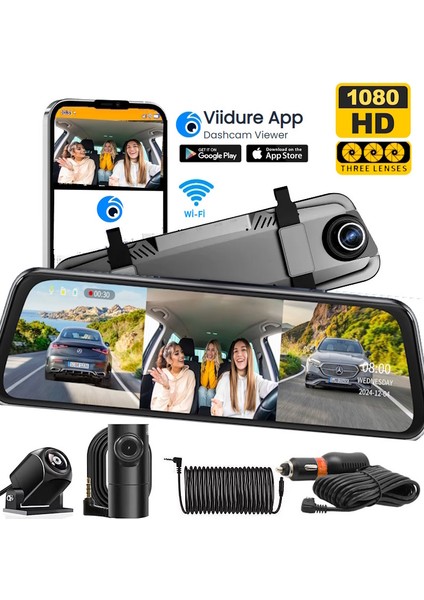 CC66 Üç (Ön +İç+ Arka) Kameralı 9,66" Tam Ekran Aynalı Araç İçi Kamera Wifi