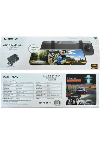 CC66 Üç (Ön +İç+ Arka) Kameralı 9,66" Tam Ekran Aynalı Araç İçi Kamera Wifi