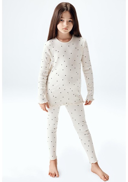 Kız Çocuk Fitilli Taytlı Takım Ekru Renk