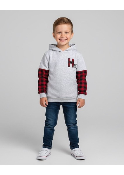 Ekose Kol Detaylı Üç Ip Gri Erkek Çocuk Sweatshirt