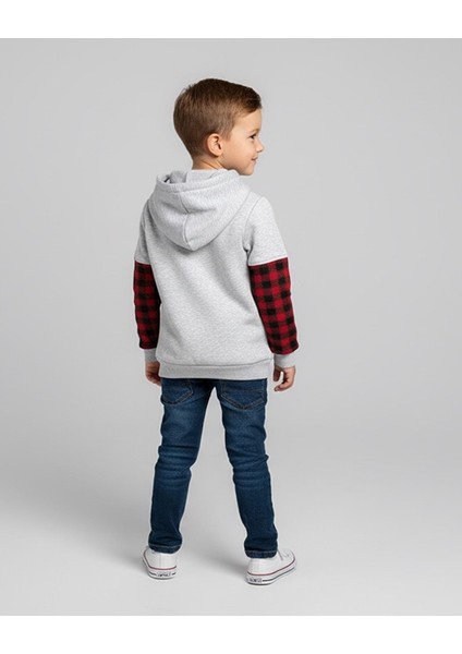 Ekose Kol Detaylı Üç Ip Gri Erkek Çocuk Sweatshirt modelleri