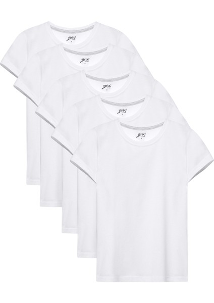 7719 Beyaz Renk Kız Çocuk 5'li %100 Pamuk Kısa Kollu Bisiklet Yaka Süprem T-Shirt