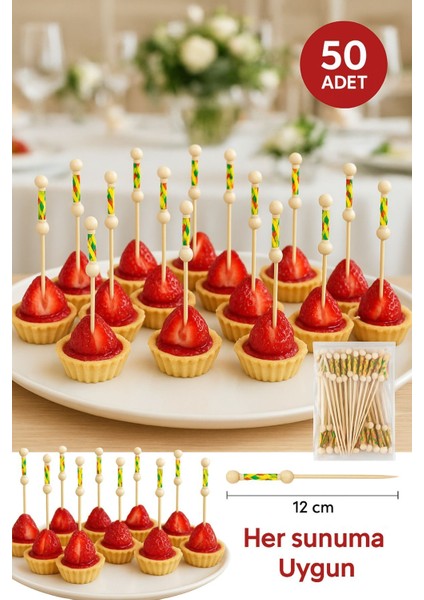 50 Adet - Şık Sunumlar Için 12 cm Dekoratif Sarı Örgülü Bambu Kürdan – Parti ve Davet Kürdanı