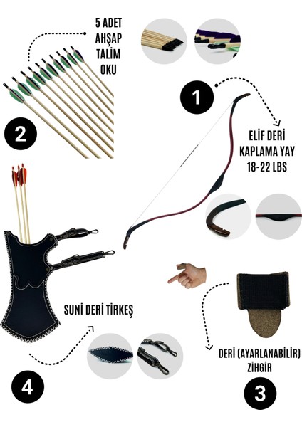Geleneksel Okçuluk Başlangıç Seti - Elif Yay (Kaplamalı) + 5 Ok + Zihgir + Tirkeş