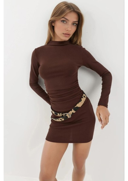 Kadın Bodycon Modal Kumaş Mini Elbise Kestane Kahvesi