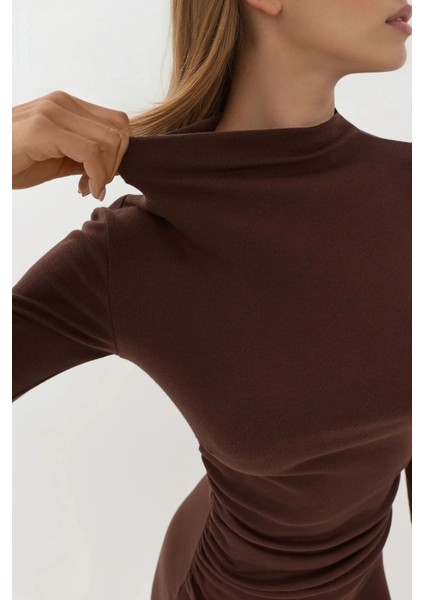 Kadın Bodycon Modal Kumaş Mini Elbise Kestane Kahvesi
