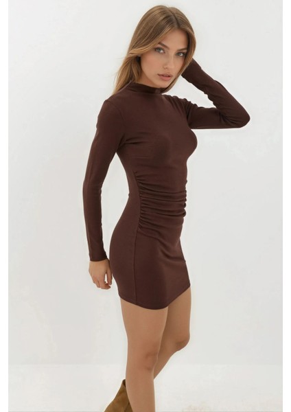 Kadın Bodycon Modal Kumaş Mini Elbise Kestane Kahvesi