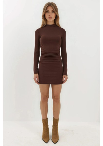Kadın Bodycon Modal Kumaş Mini Elbise Kestane Kahvesi