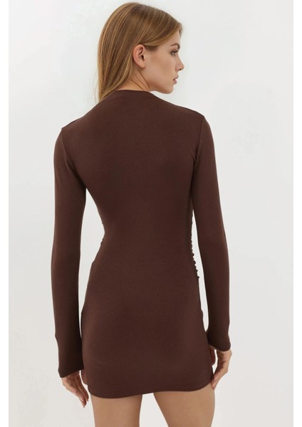Kadın Bodycon Modal Kumaş Mini Elbise Kestane Kahvesi