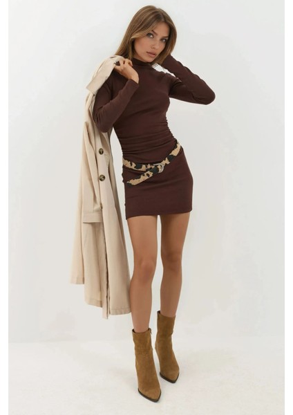 Kadın Bodycon Modal Kumaş Mini Elbise Kestane Kahvesi