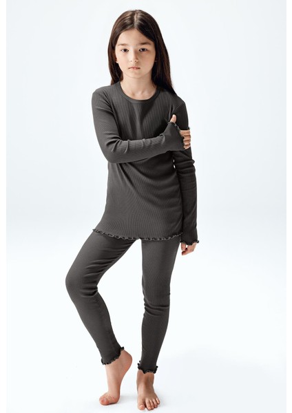 Kız Çocuk Fitilli Taytlı Takım Füme Renk