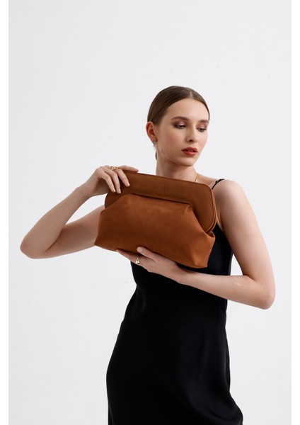 Kadın Taba Deri Detaylı Süet Clutch El Çantası