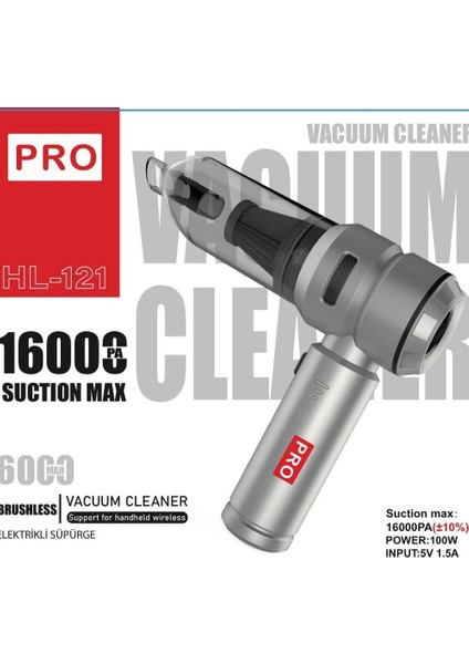 PRO HL-1212 Brushless Vakumlu Şarjlı Elektrikli El Süpürgesi 16000PA Güçlü Emiş, 6000mAh Batarya, 100W – Ev, Ofis, Araç Kullanımı İçin indirimleri