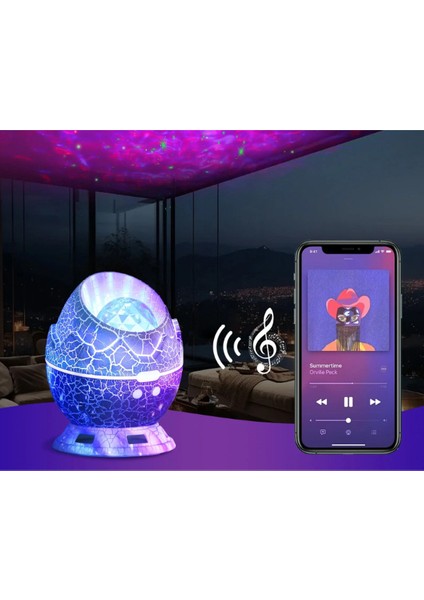 Çatlak Dinozor Yumurtası Tasarımlı Projektörlü Gece Lambası Bluetooth Özellikli