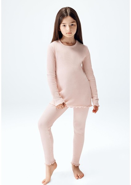 Kız Çocuk Fitilli Taytlı Takım Somon Renk