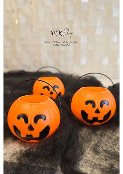 Cadılar Bayramı Mini Şeker Kovası 3lü Paket Kulplu Kabak Kova Minik