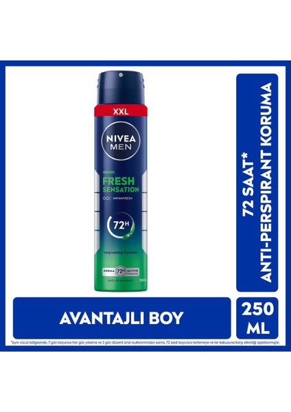 Men Erkek Sprey Deodorant Fresh Sensation 250ML, 72 Saat Anti-Perspirant Ter Koruması, Avantajlı Boy