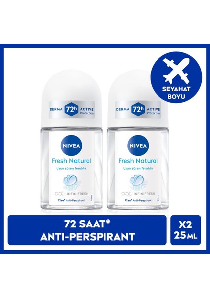 Nıvea Kadın Roll-On Deodorant Fresh Natural 25ML, 72 Saat Anti-Perspirant Koruma, Seyahat Boyu, Terlemeye Karşı Koruma, Uzun Süren Ferahlık, X2 Adet