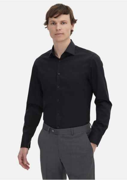 Siyah Düz Slim Fit Dokuma Klasik %100 Pamuk Gömlek