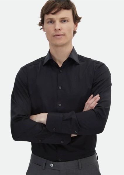 Siyah Düz Slim Fit Dokuma Klasik %100 Pamuk Gömlek indirimleri