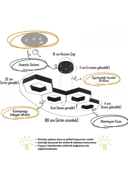 Catena ( Siyah Kasa, 4000K Işık Rengi ) Ledli Modern LED Sarkıt Avize, Salon, Mutfak, Oturma Odası modelleri