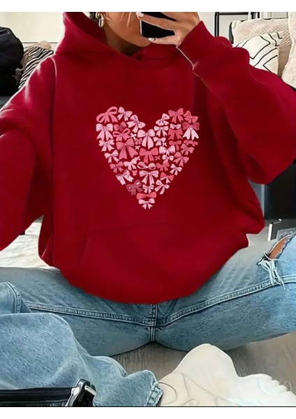 Kalp Fiyonk Baskılı Içi Polarlı Kapüşonlu Sweatshirt