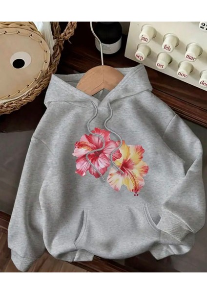 Çiçek Baskılı Içi Polarlı Kapüşonlu Sweatshirt