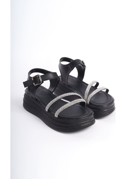 Jet-Zlohe Kalın Tokalı Taşlı Şeritli Ortopedik Taban Kadın Sandalet Cst - Siyah