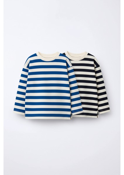 Unisex Çocuk Pamuklu Lacivert ve Mavi Çizgili Uzun Kollu T-Shirt 2'li Paket