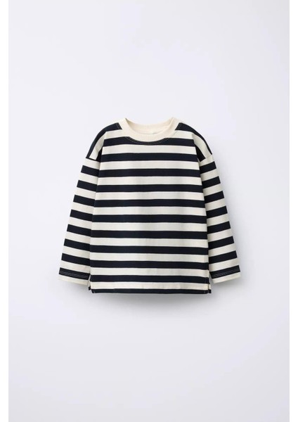 Unisex Çocuk Pamuklu Lacivert ve Mavi Çizgili Uzun Kollu T-Shirt 2'li Paket modelleri
